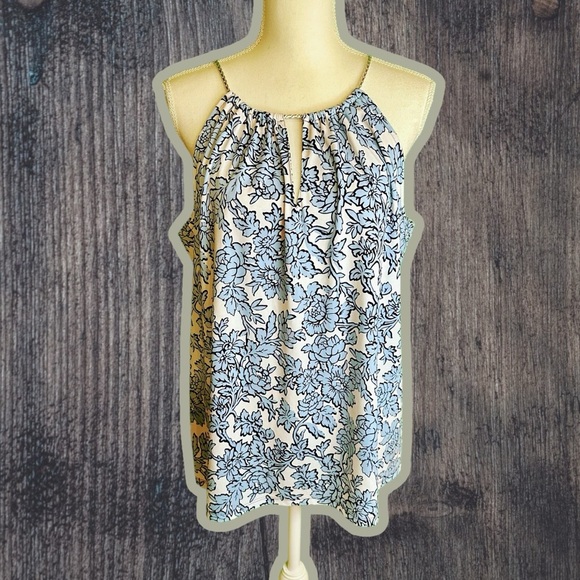 MICHAEL Michael Kors Blue Floral Keyhole Sleeveless Top W/ Braided Leather Strap - Picture 1 of 8